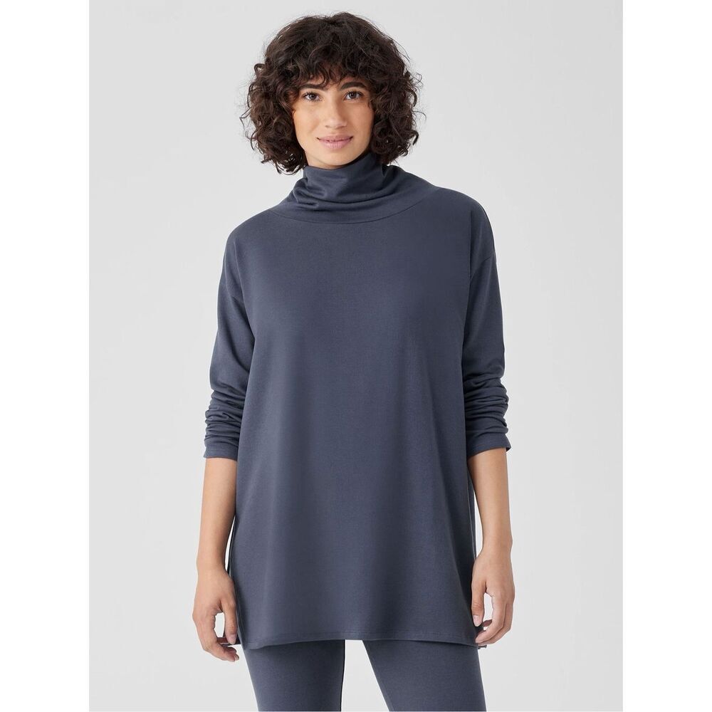 Eileen Fisher Brush Terry Hug Funnel Neck Top Sz 2X Gray Blue